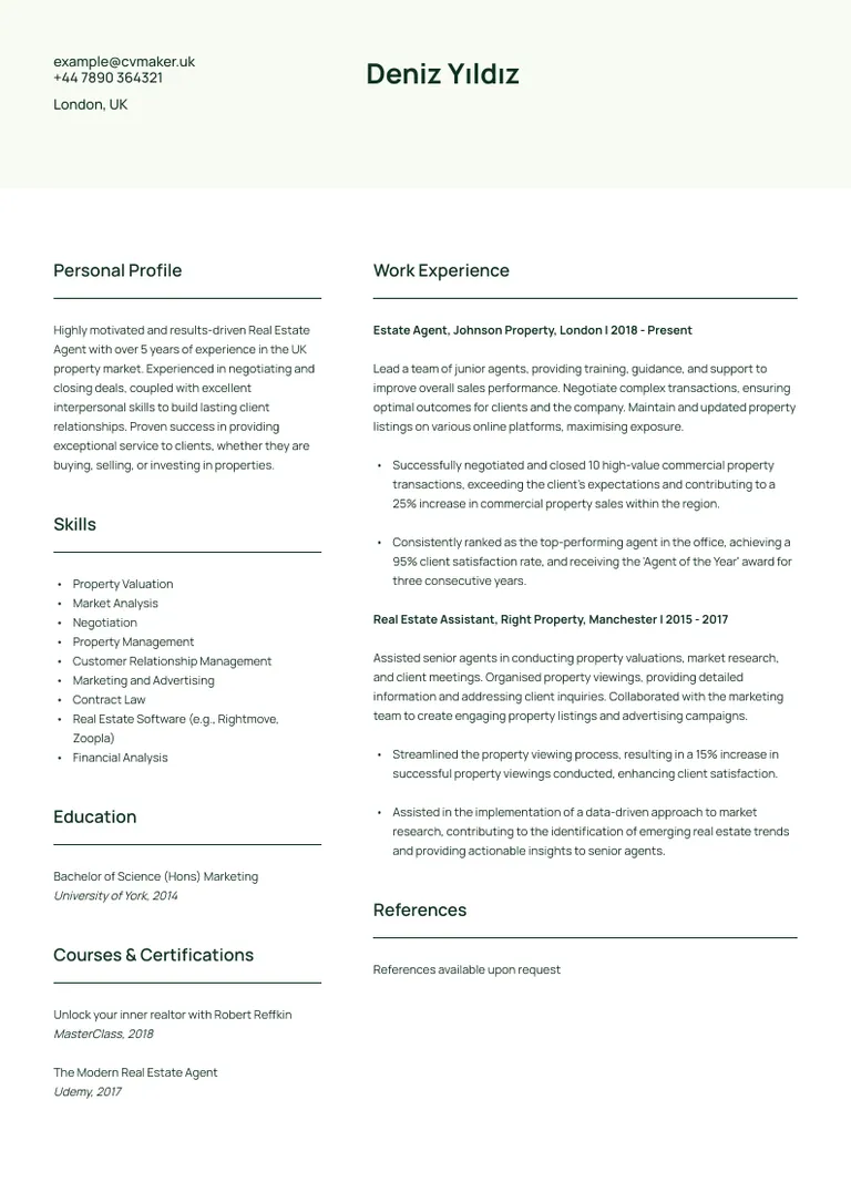 Estate agent CV sample