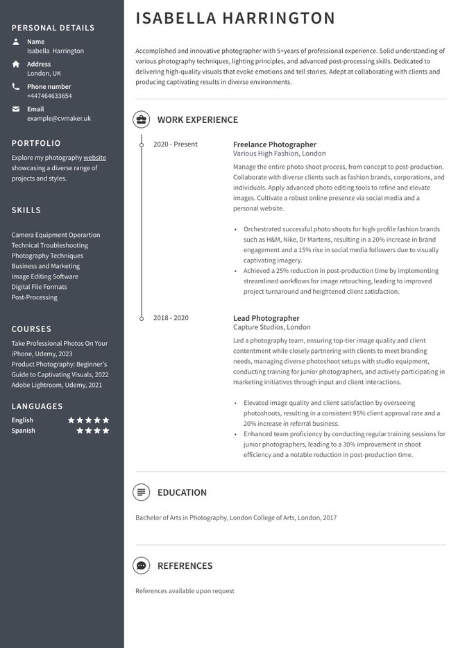 Photographer CV sample