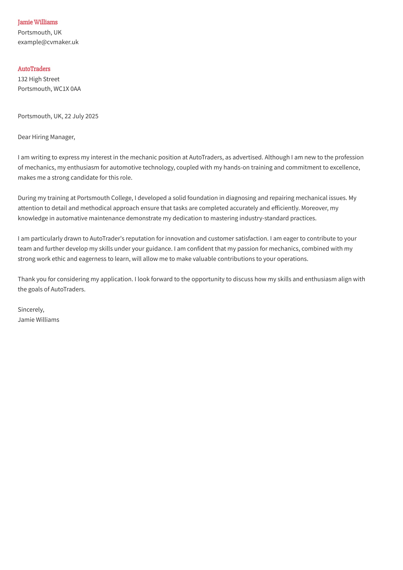 mechanic cover letter no experience