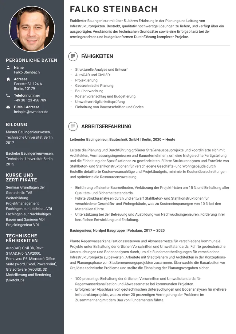 Lebenslauf mit Kurzprofil eines Bauingenieurs