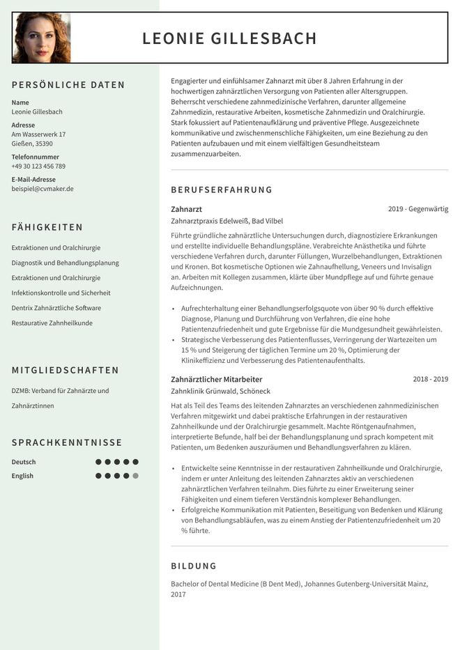 Lebenslauf Beispiel Zahnarzt