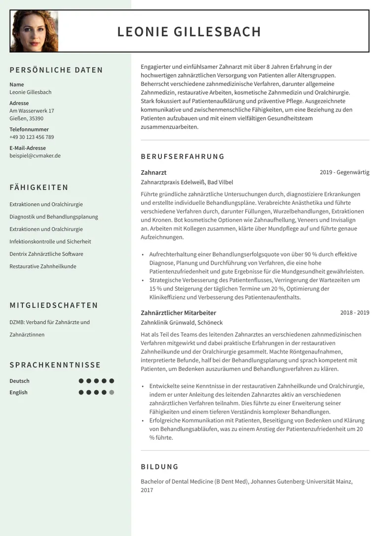 Lebenslaufbeispiel eines Zahnarztes mit aufgeführten Erfolgen