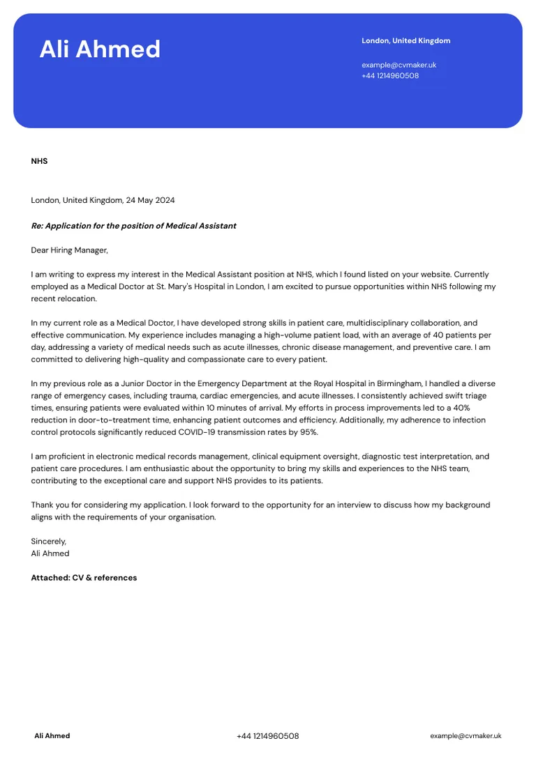 Medical cover letter example