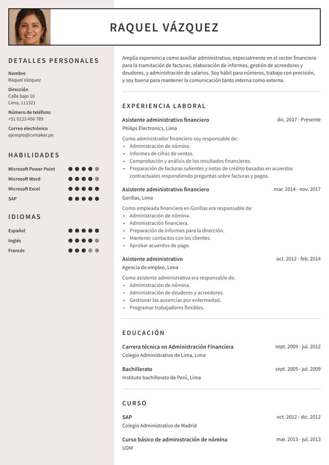 ejemplo de CV para asistente administrativo