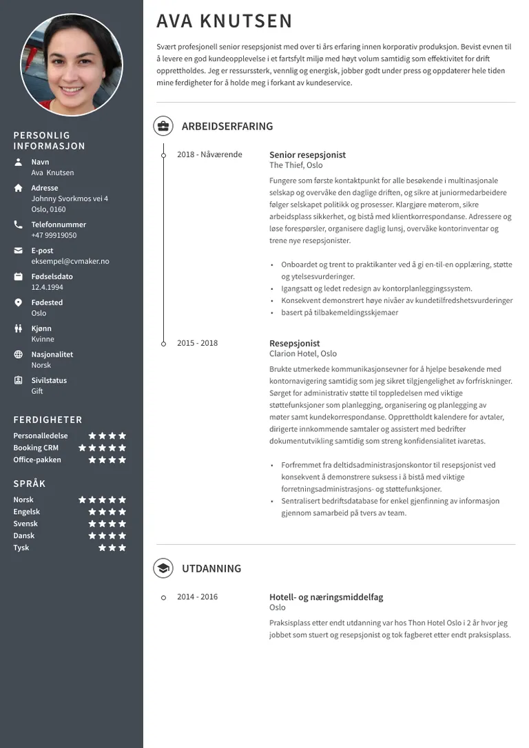 Eksempel på CV for resepsjonist