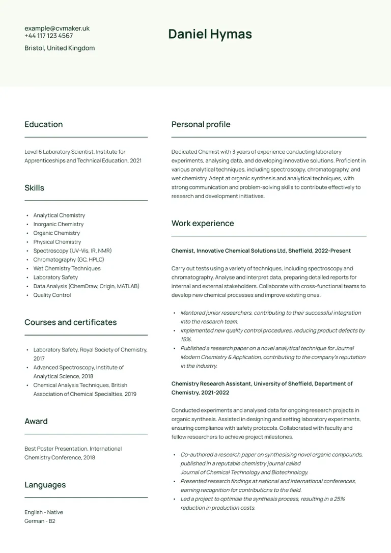 Chemist CV sample