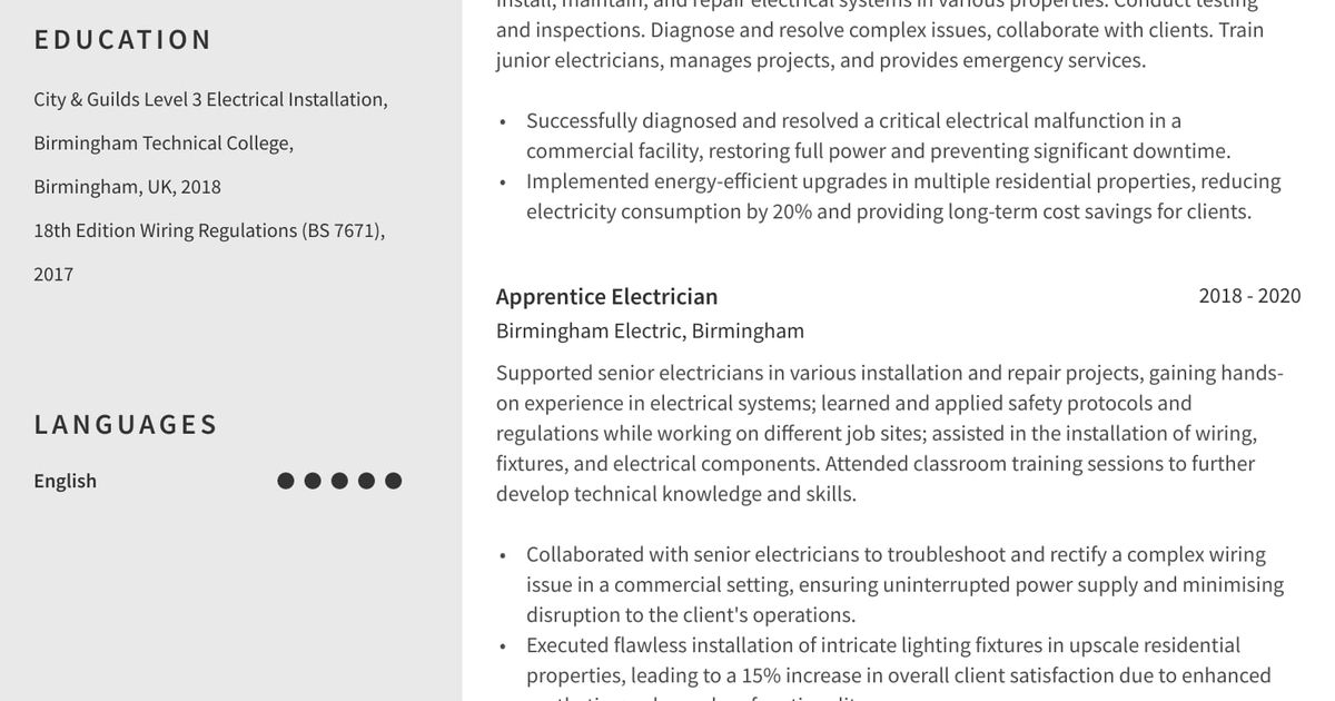 Electrician CV Example with top CV writing tips for 2025