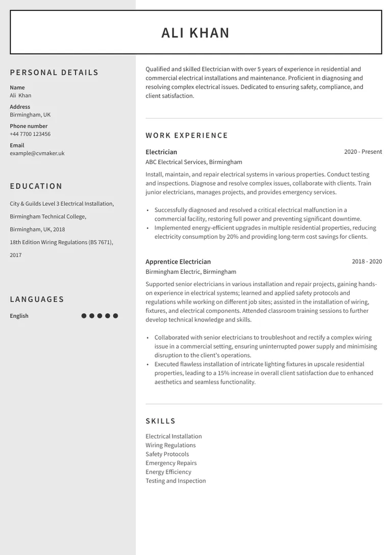 Electrician CV sample