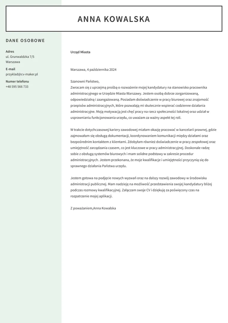 List Motywacyjny do Urzędu Miasta