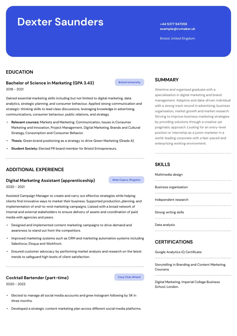 example of a graduate CV