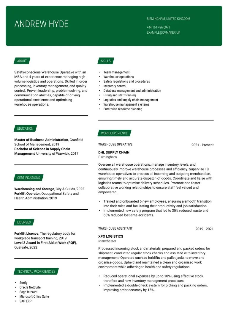 Warehouse CV sample
