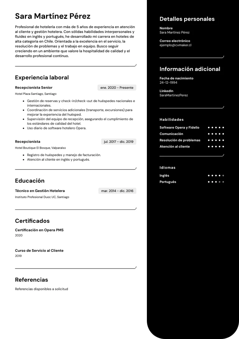 Ejemplo de currículum hoteleria