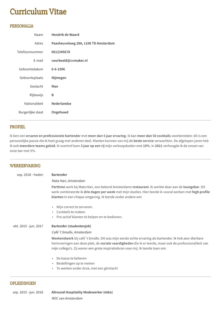 Voorbeeld cv voor bartender