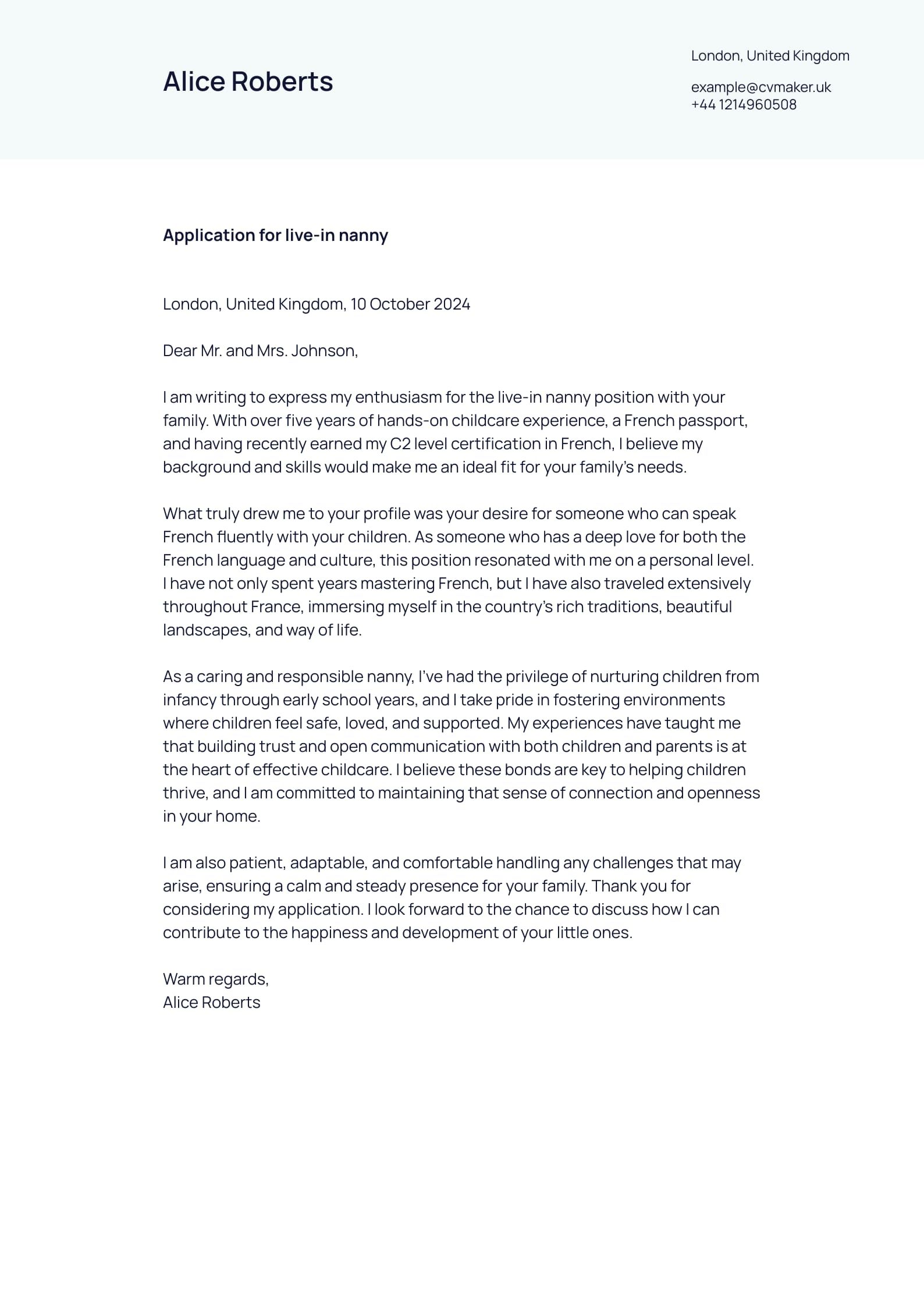 Nanny Cover Letter