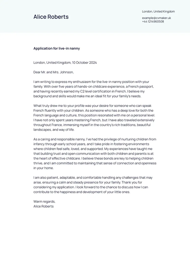 Nanny cover letter example