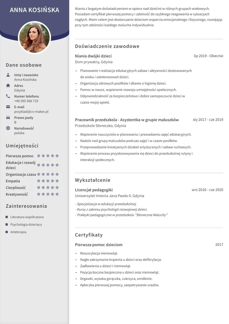 przyklad cv niania