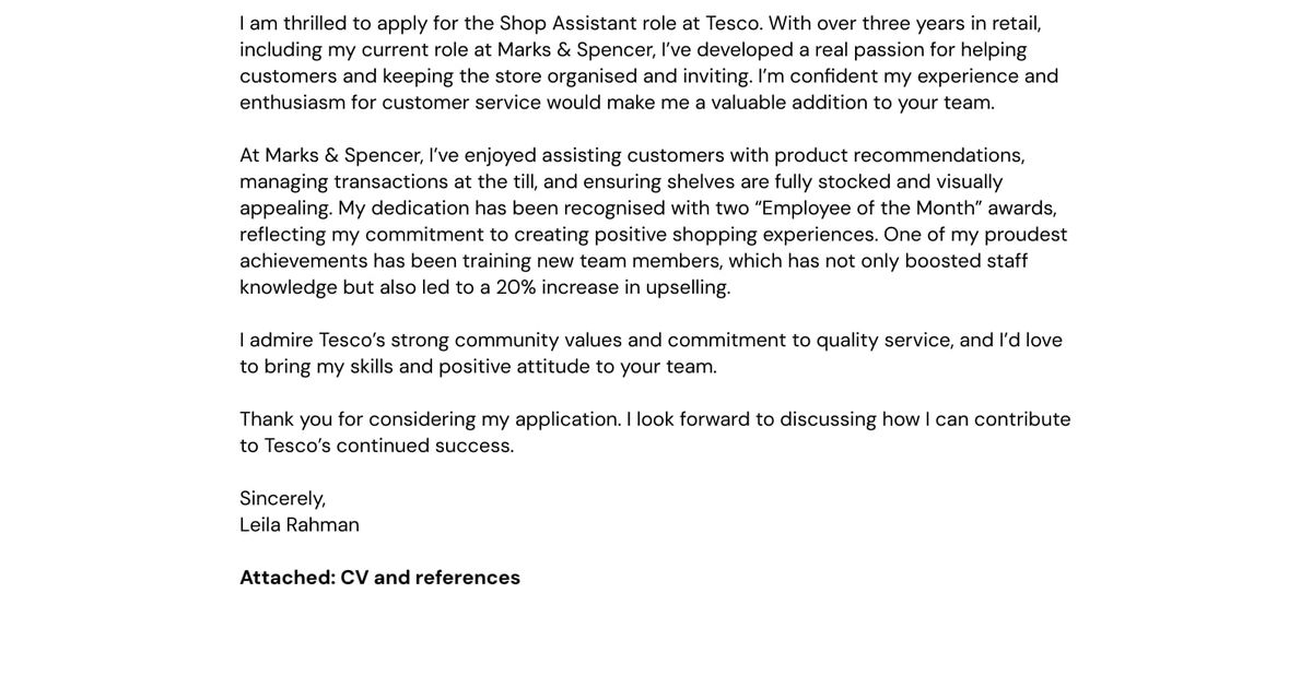 Example Application Form Shop Assistant Shop Assistant Cover Letter for 2025 (Free Examples)