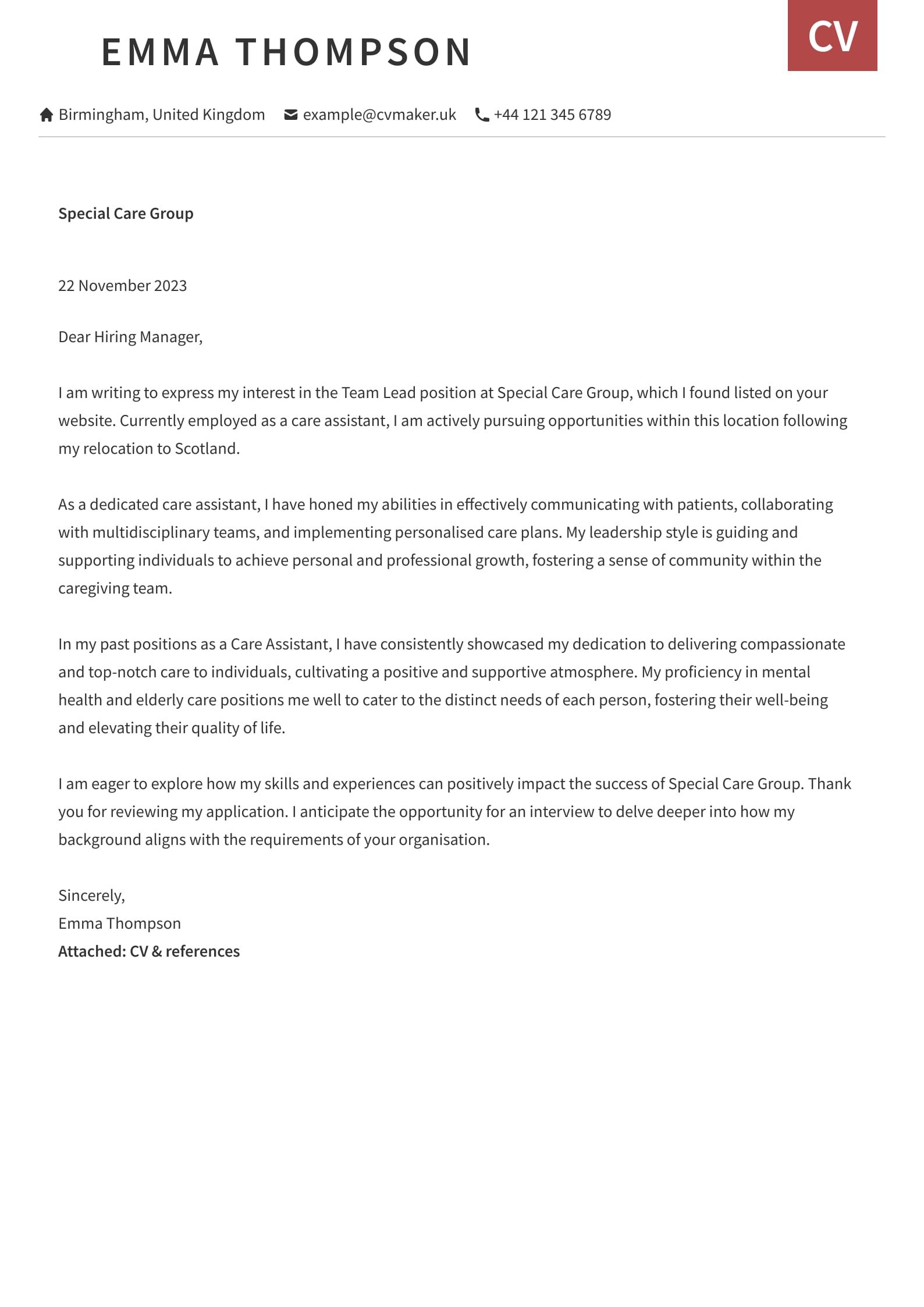 Care Assistant Cover Letter