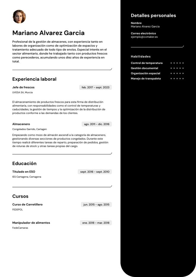CV de empleado de almacén