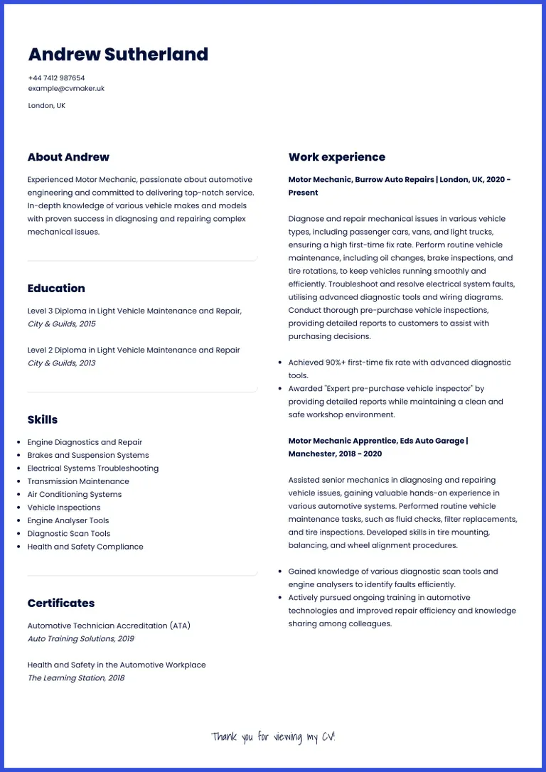 Mechanic CV sample
