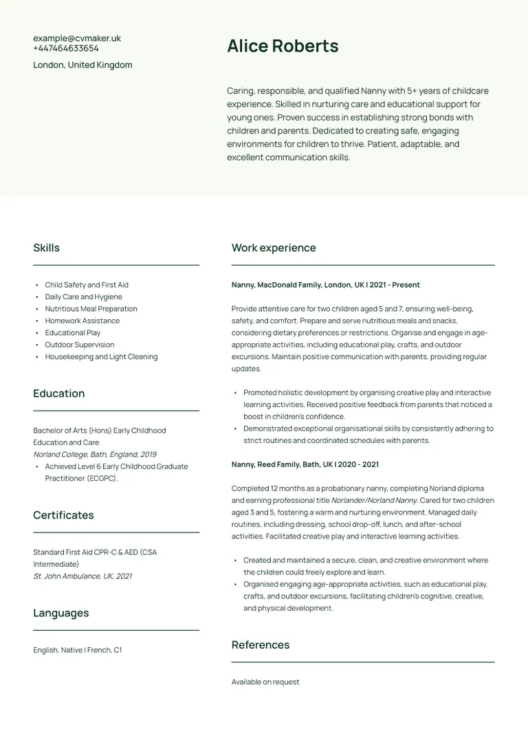 Nanny CV sample