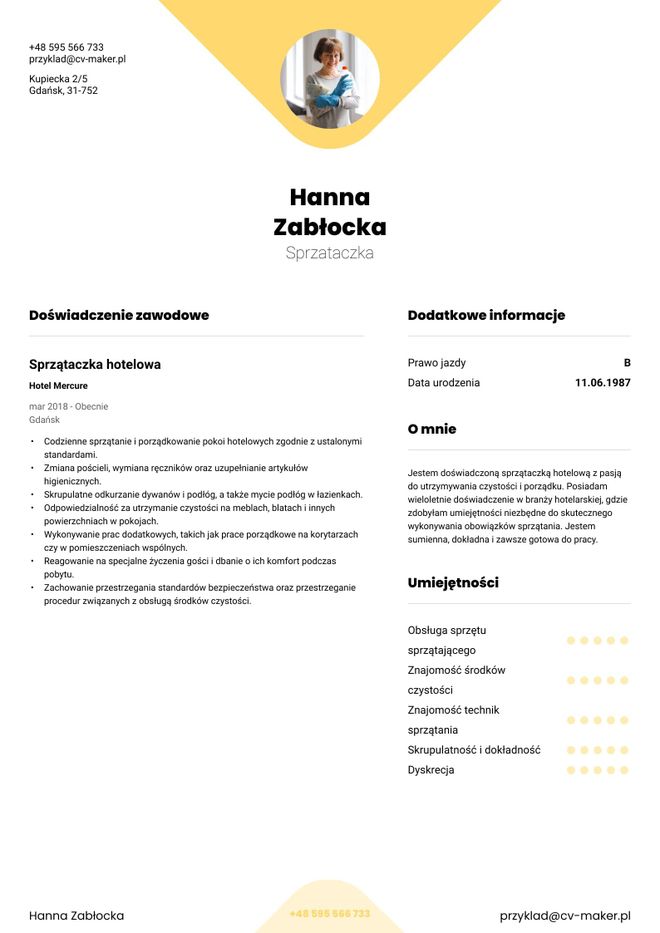 CV sprzątaczka Wzór