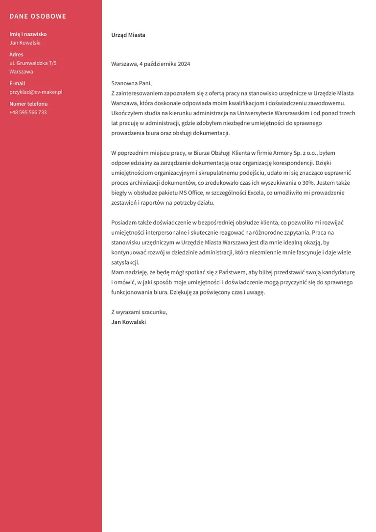 List Motywacyjny na Stanowisko Urzędnicze