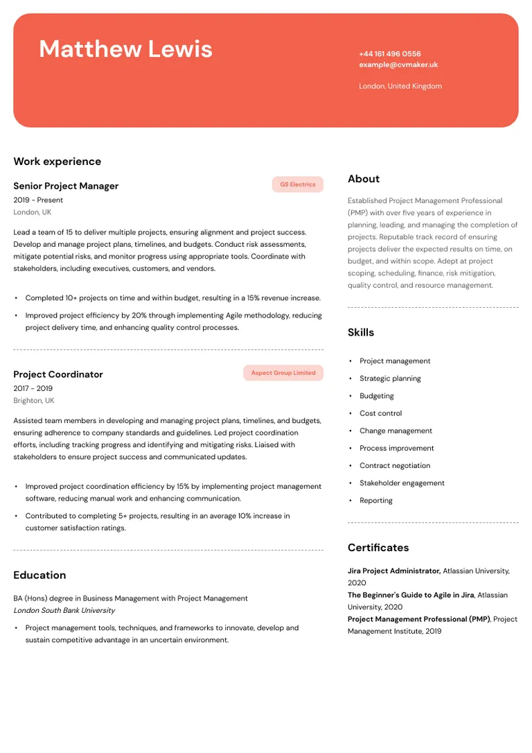 1 page CV template UK