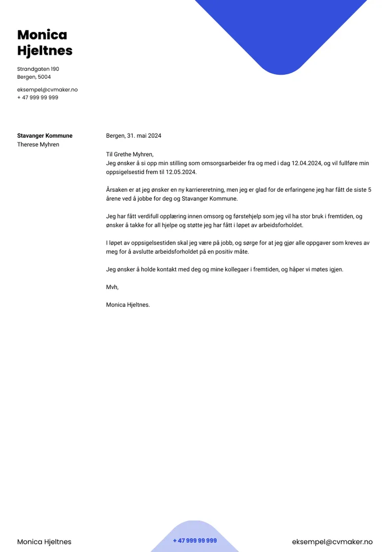 Eksempel på oppsigelsesbrev for omsorgsarbeider