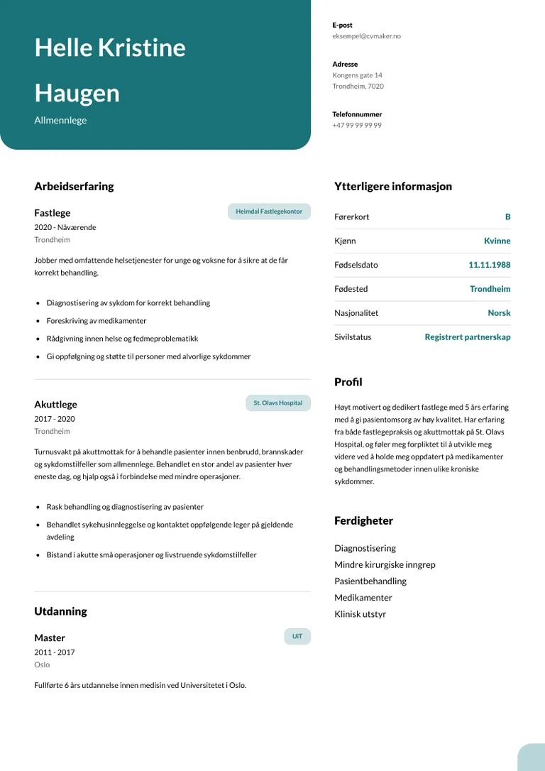 Lege CV eksempel