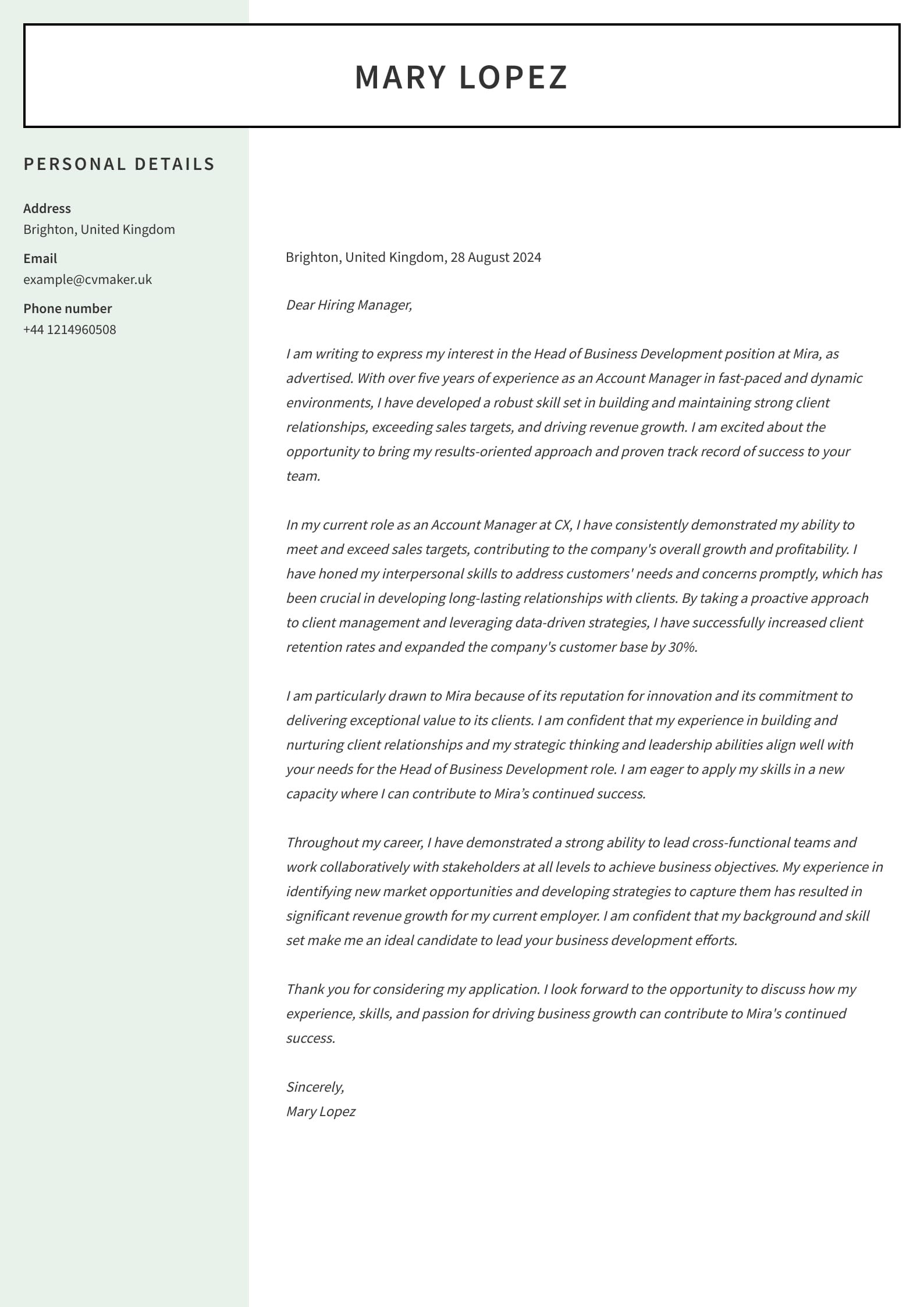 Account Manager Cover Letter