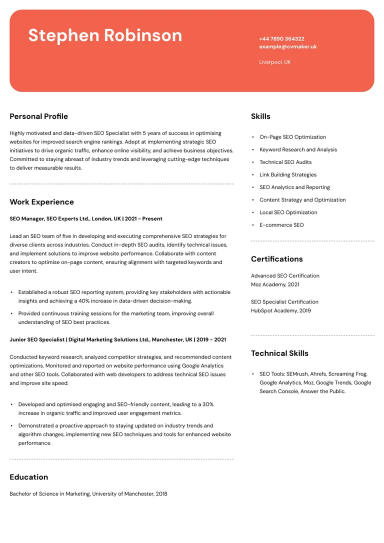 SEO CV sample