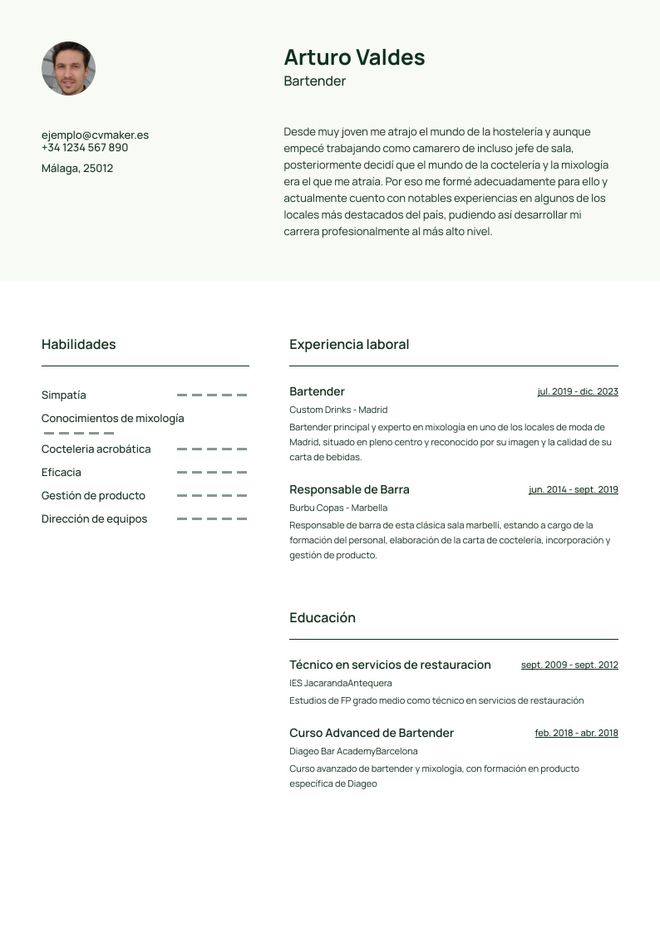 Currículum de Bartender