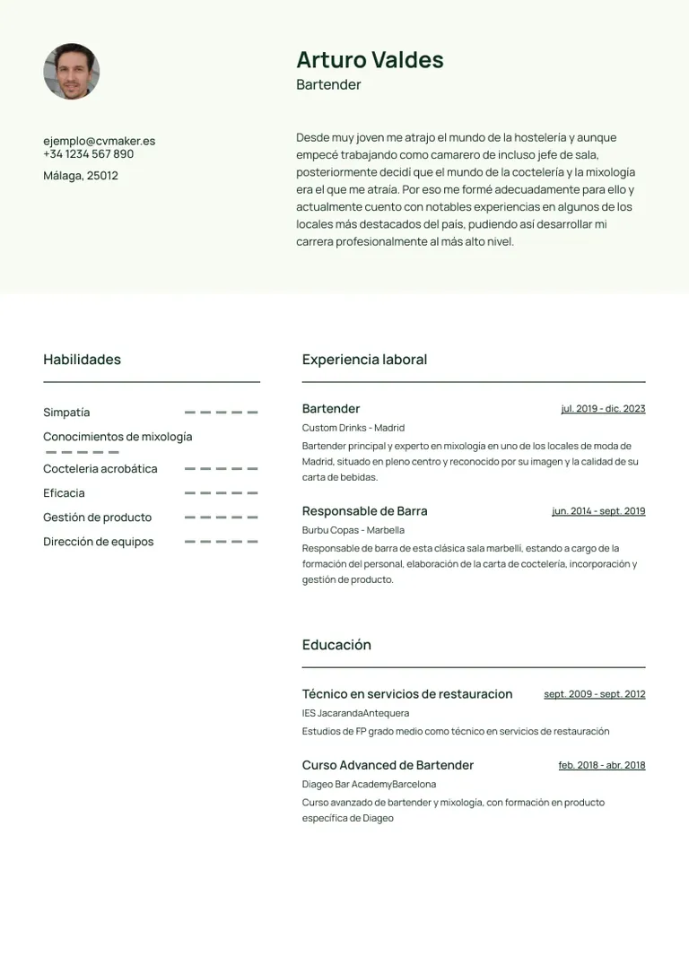 Currículum de Bartender