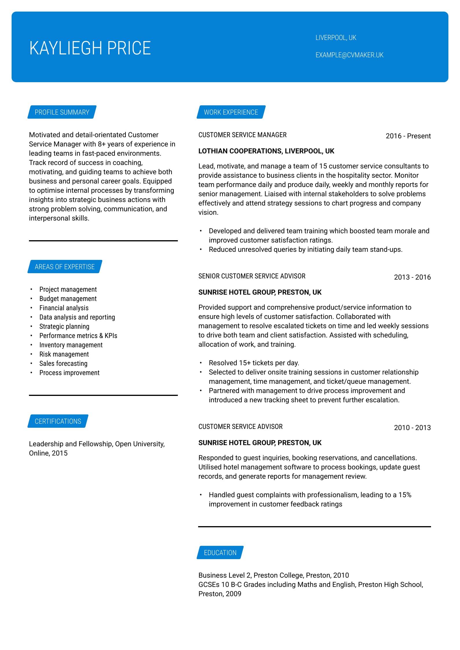 manager CV example