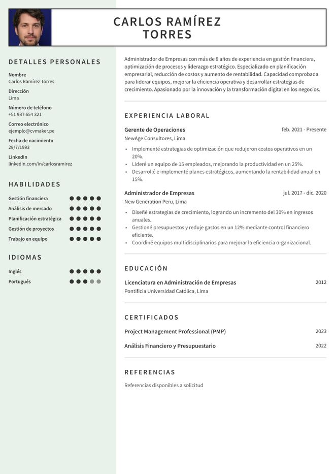 curriculum vitae de un administrador de empresas