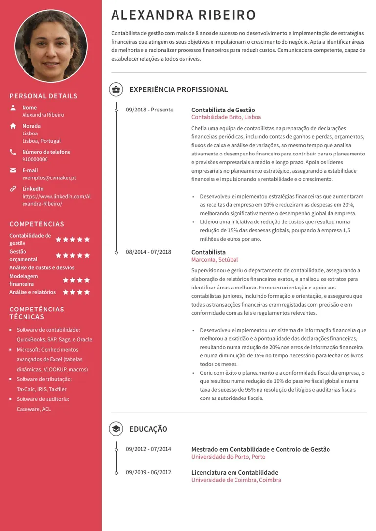 Exemplo de um curriculum vitae de contabilista