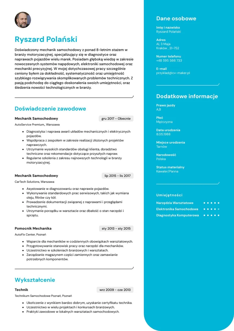 cv mechanik samochodowy wzór