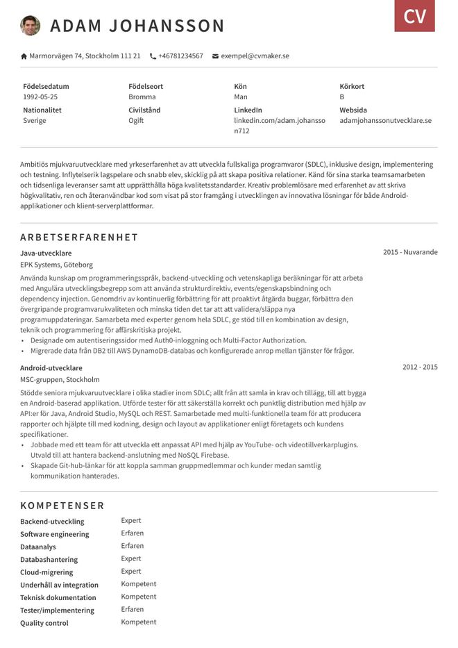 CV-exempel Mjukvaruutvecklare