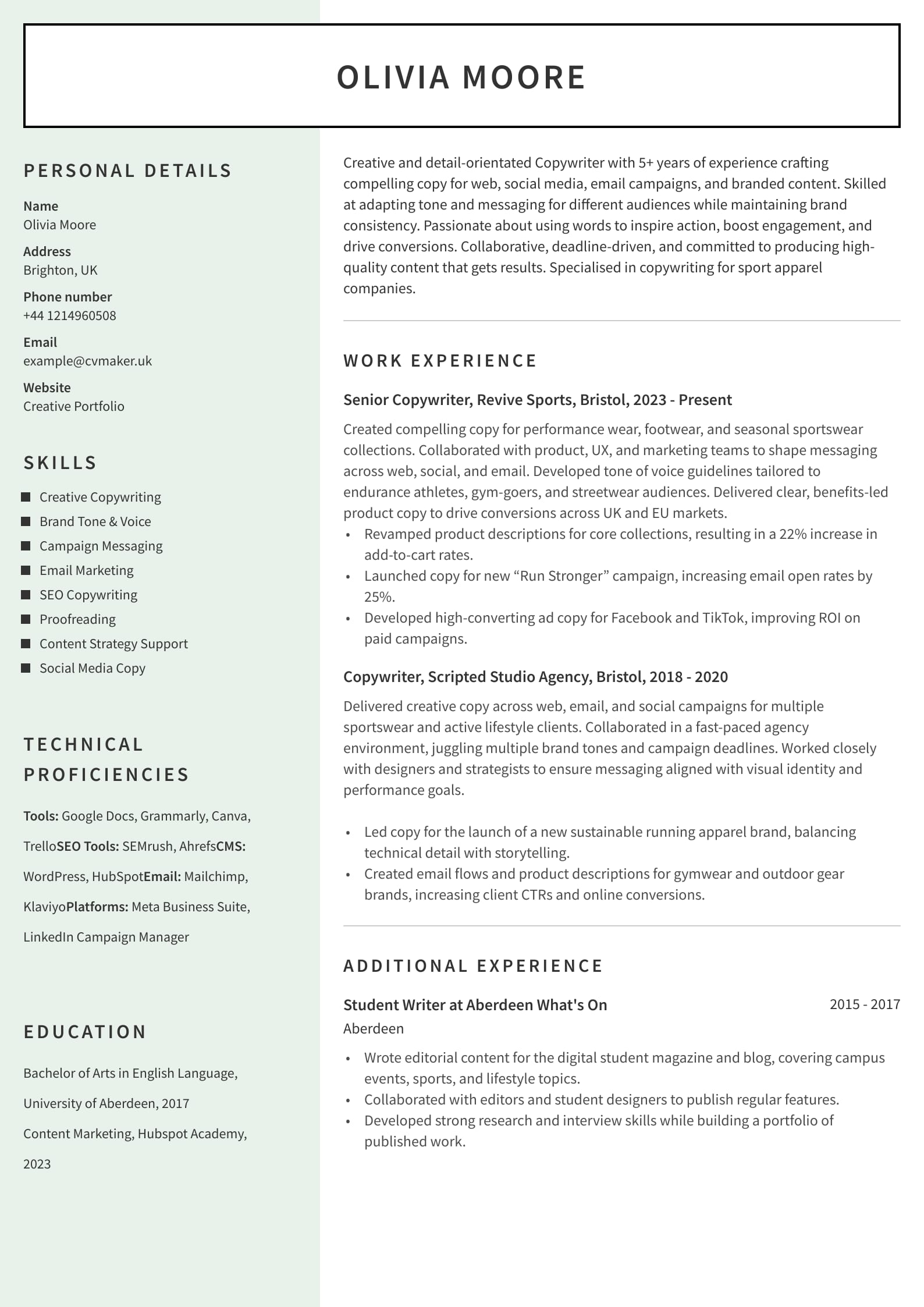 copywriter CV example UK jobseekers