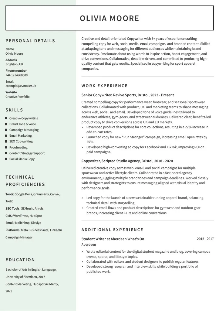 copywriter CV example with no experience