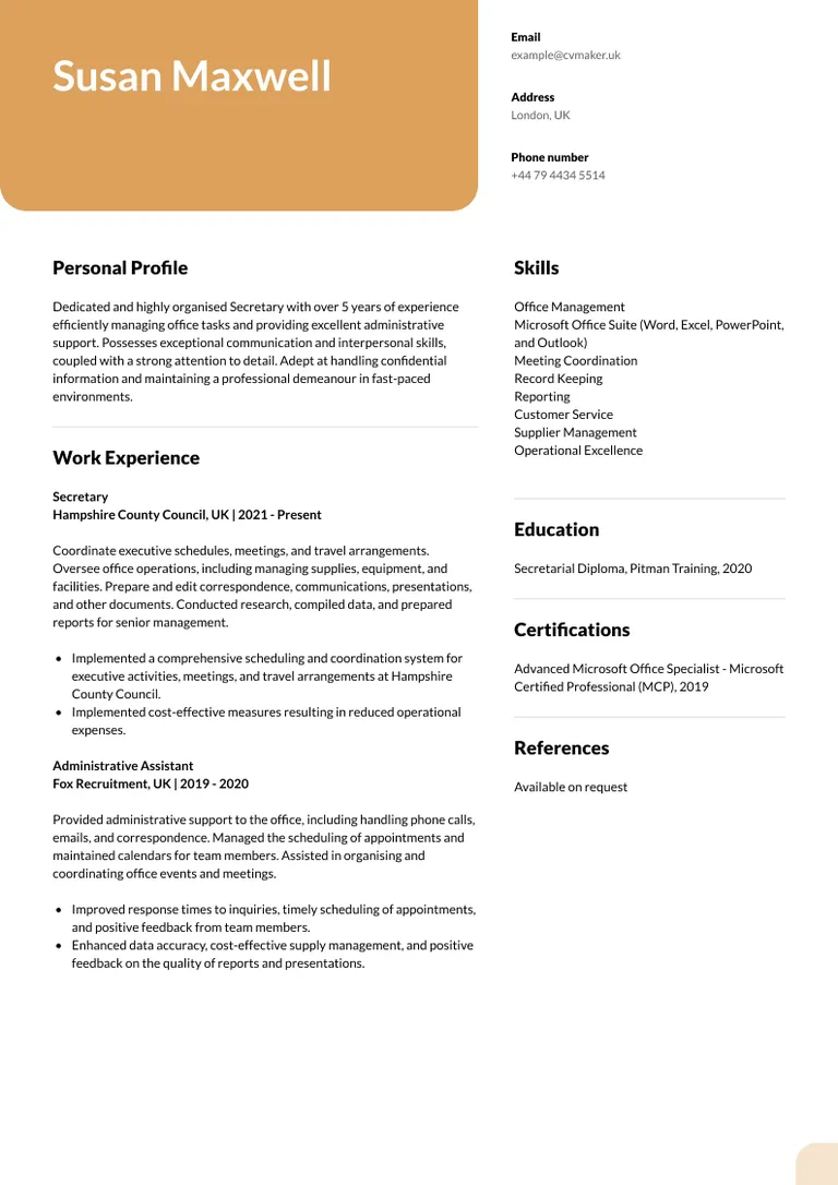 Secretary CV sample