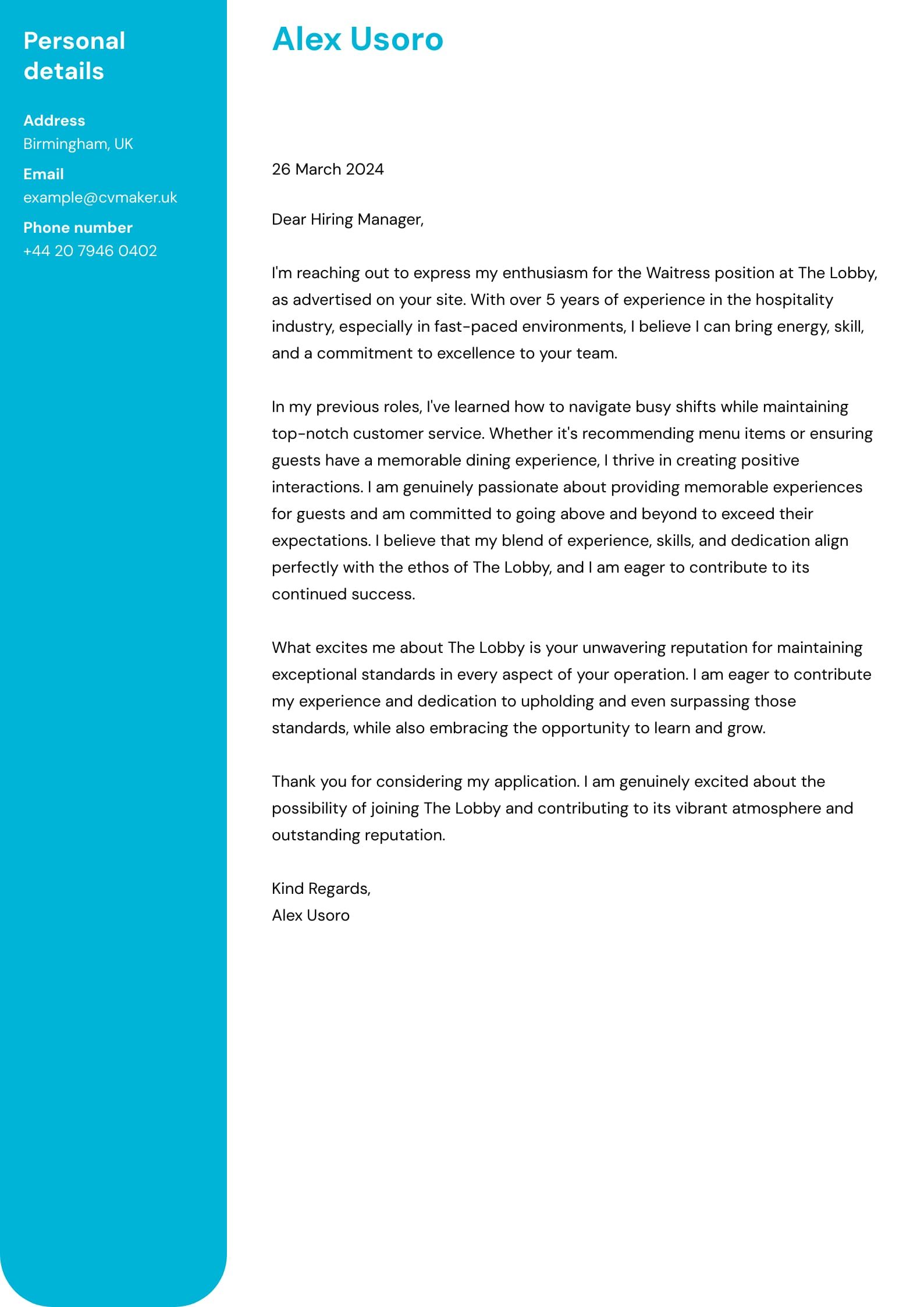 Waiter or Waitress Cover Letter
