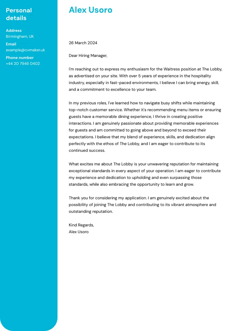 waitress cover letter sample