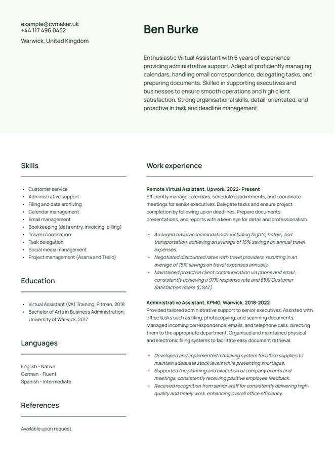 Virtual Assistant CV sample