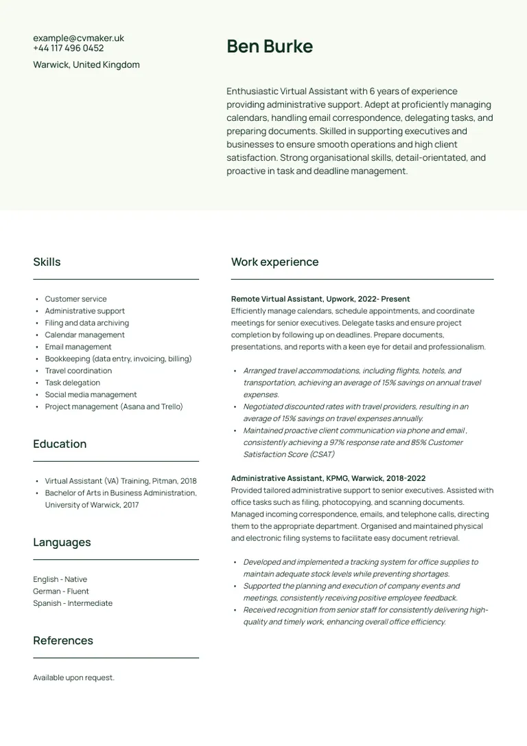 Virtual Assistant CV sample