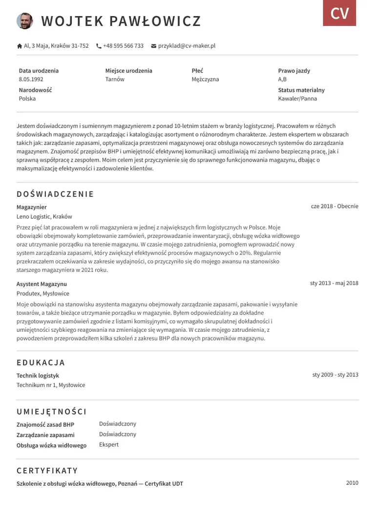 CV magazynier wzór