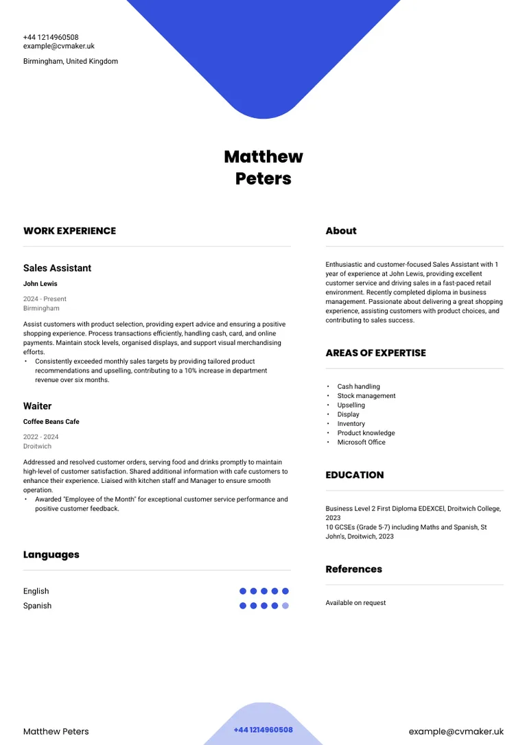 Sales assistant CV sample