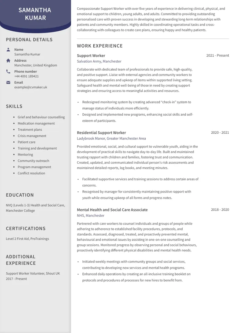 Support Worker CV sample