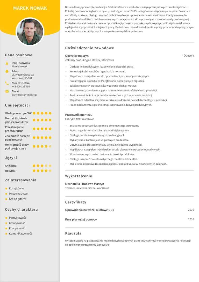 Przykładowe CV pracownika produkcji